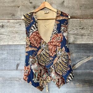 Bobbie Brooks Womens Vintage Cat Tapestry Button Vest 18/20 Blue Novelty Grandma